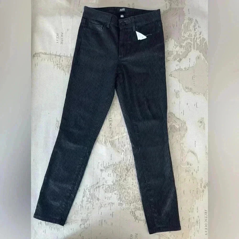 Paige Black Textured Stripe Mid Rise Crop 27” Inseam Skinny Jeans Size 28 - Picture 8 of 10